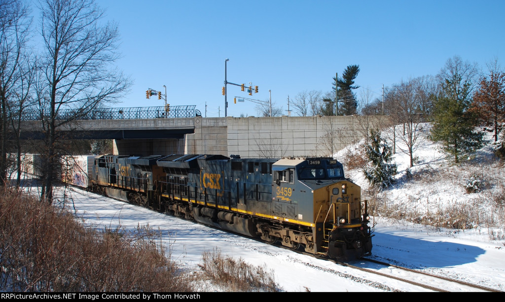 CSX 3459 leads CSX Q300 beneath the Route 206 overpass